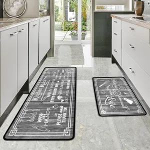Grey Kitchen Rugs,Non Skid Washable Microfiber Kitchen mats for Floor, Kitchen Rules Theme Kitchen Cushioned Runner Rug Decor Sets of 2,Size 17"x 47" 17"x 30"