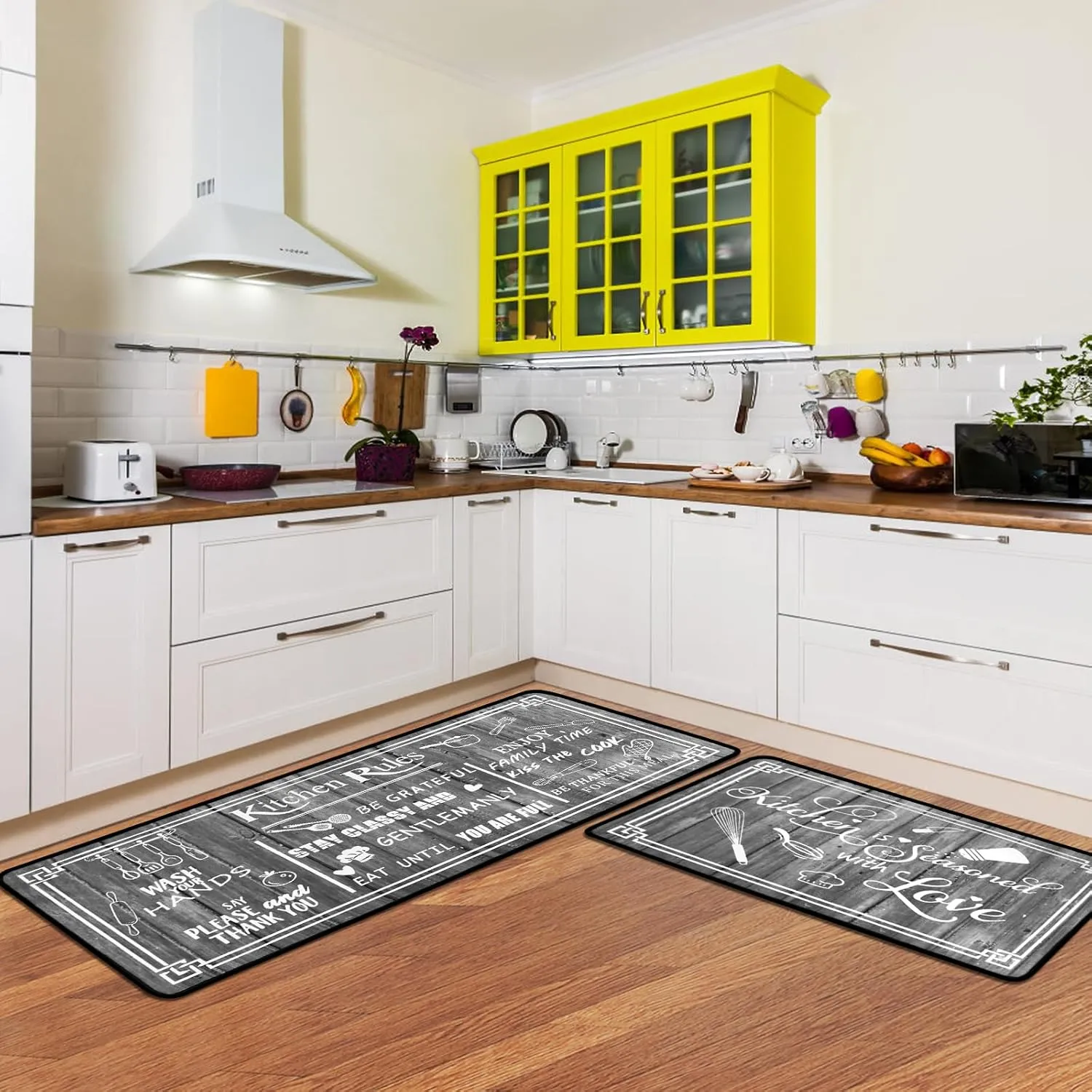 Grey Kitchen Rugs,Non Skid Washable Microfiber Kitchen mats for Floor, Kitchen Rules Theme Kitchen Cushioned Runner Rug Decor Sets of 2,Size 17"x 47" 17"x 30"
