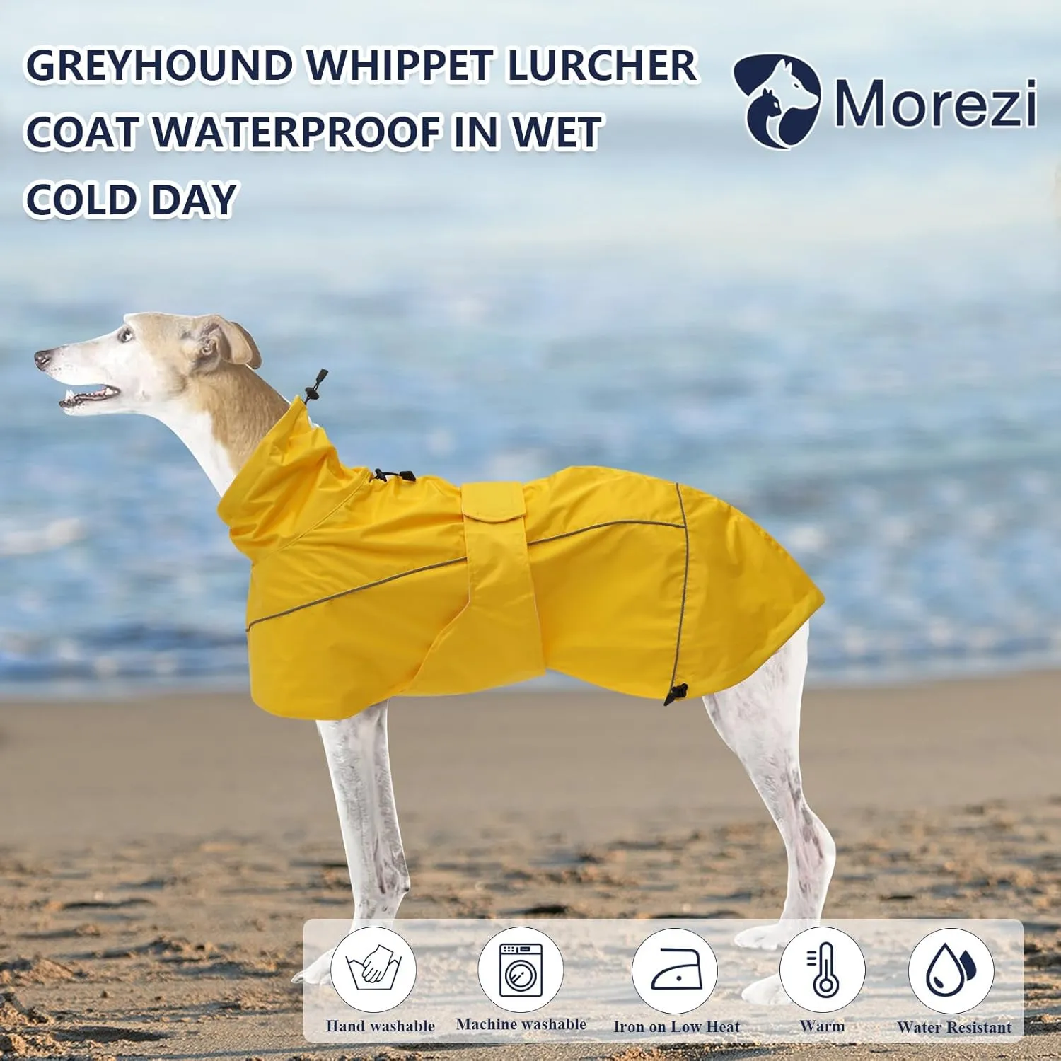 Greyhound Lurcher Raincoat, Whippet Rain Gear with Reflective Bar, Rain/Waterproof, Adjustable Bands and Drawstring in Autumn and Winter - Yellow - M