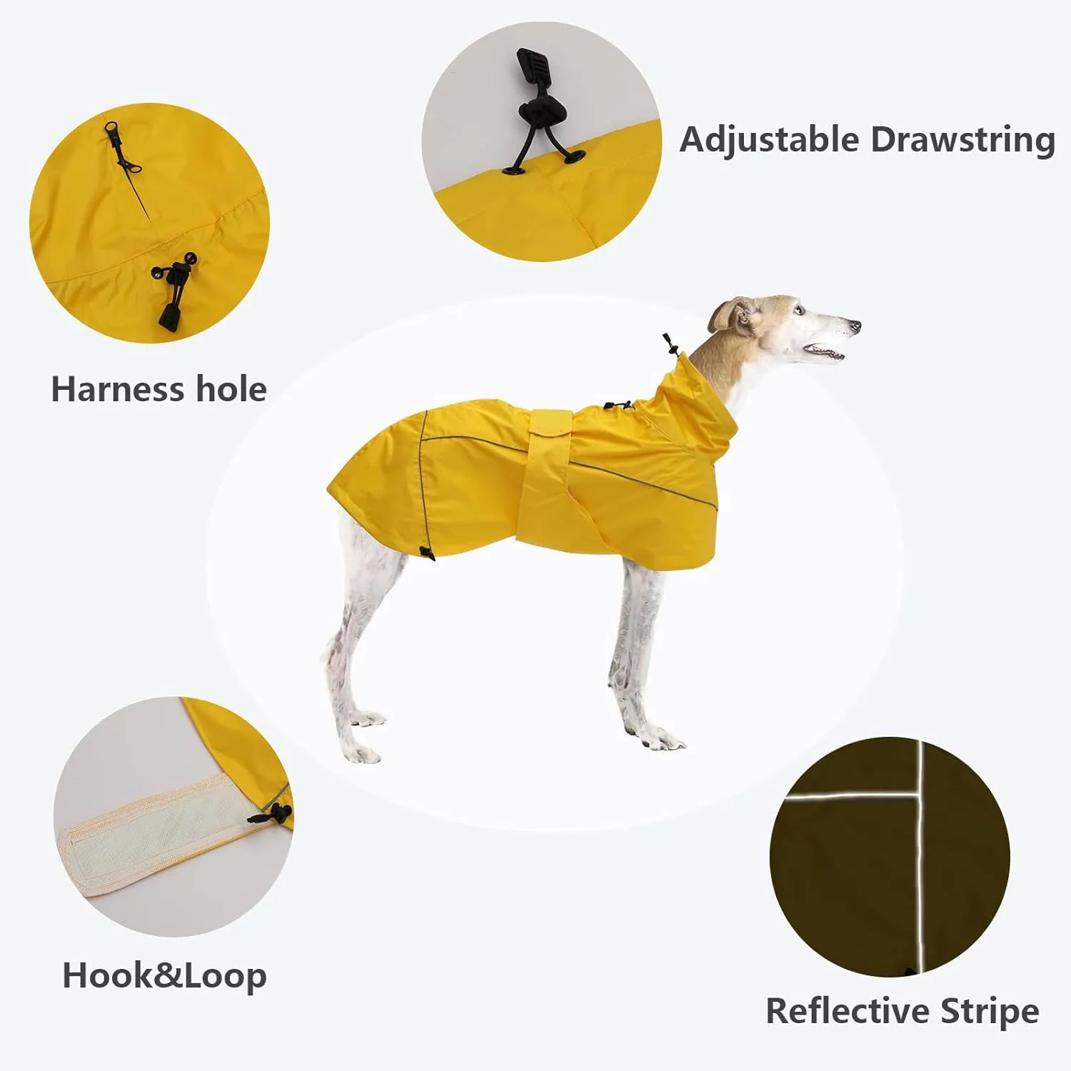 Greyhound Lurcher Raincoat, Whippet Rain Gear with Reflective Bar, Rain/Waterproof, Adjustable Bands and Drawstring in Autumn and Winter - Yellow - M