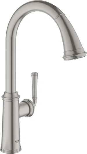 GROHE Gloucester – Kitchen Sink Pull-Out Dual Spray Mixer Tap (High C-spout, 28 mm Ceramic Cartridge, 360° Swivel Range, Tails 3/8 Inch), Size 434 mm, Quick Mount Included, Stainless Steel, 30422DC0