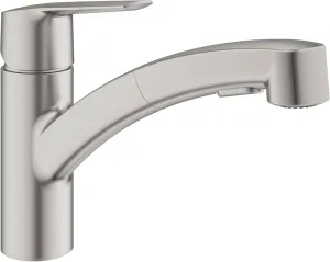 GROHE QUICKFIX Start - Kitchen Sink Pull-Out Dual Spray Tap Single-Lever Mixer (Low Spout with 90° Swivel Area, 1 Hole Easy Install with QuickMount, Tails 3/8 Inch, Min. 1.0 bar), Supersteel, 30531DC1