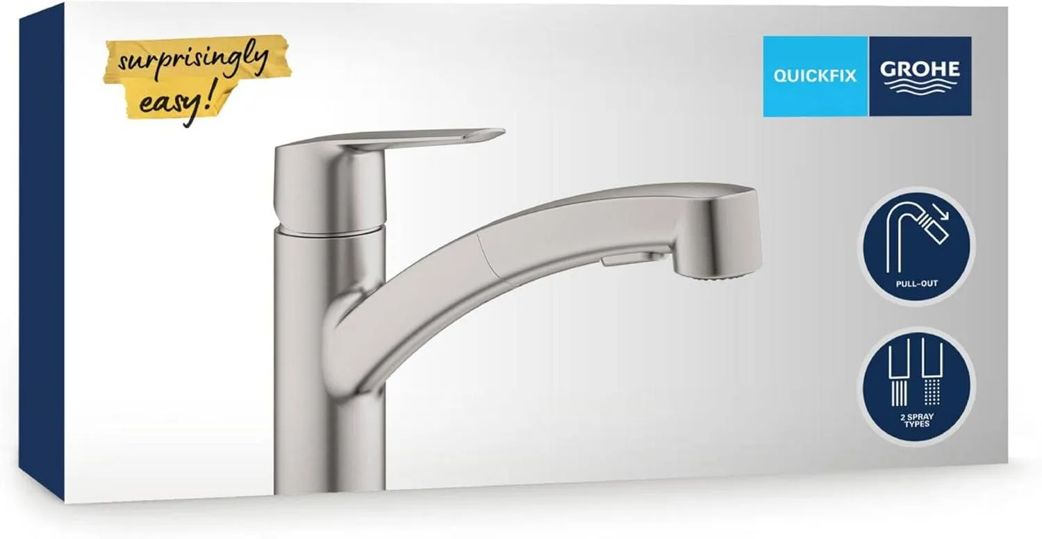 GROHE QUICKFIX Start - Kitchen Sink Pull-Out Dual Spray Tap Single-Lever Mixer (Low Spout with 90° Swivel Area, 1 Hole Easy Install with QuickMount, Tails 3/8 Inch, Min. 1.0 bar), Supersteel, 30531DC1