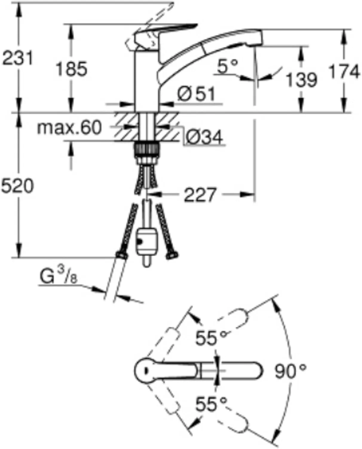 GROHE QUICKFIX Start - Kitchen Sink Pull-Out Dual Spray Tap Single-Lever Mixer (Low Spout with 90° Swivel Area, 1 Hole Easy Install with QuickMount, Tails 3/8 Inch, Min. 1.0 bar), Supersteel, 30531DC1