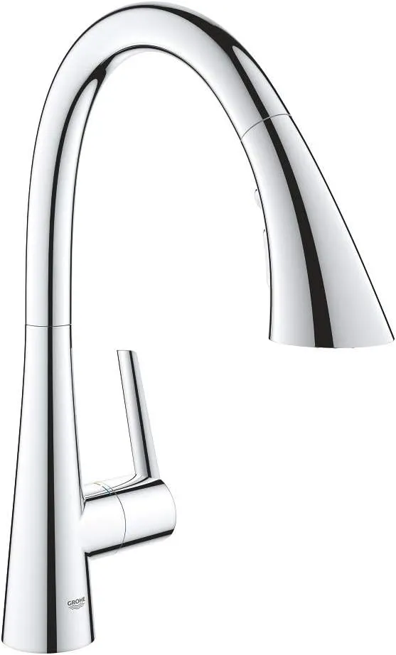 GROHE Zedra – Pull Out Kitchen Sink Mixer Tap (High C-spout, 3 Spray Types, 35 mm Ceramic Cartridge, 360° Swivel Range, Magnetic Docking, Water Saving Technology), Size 401 mm, Chrome, 32294002