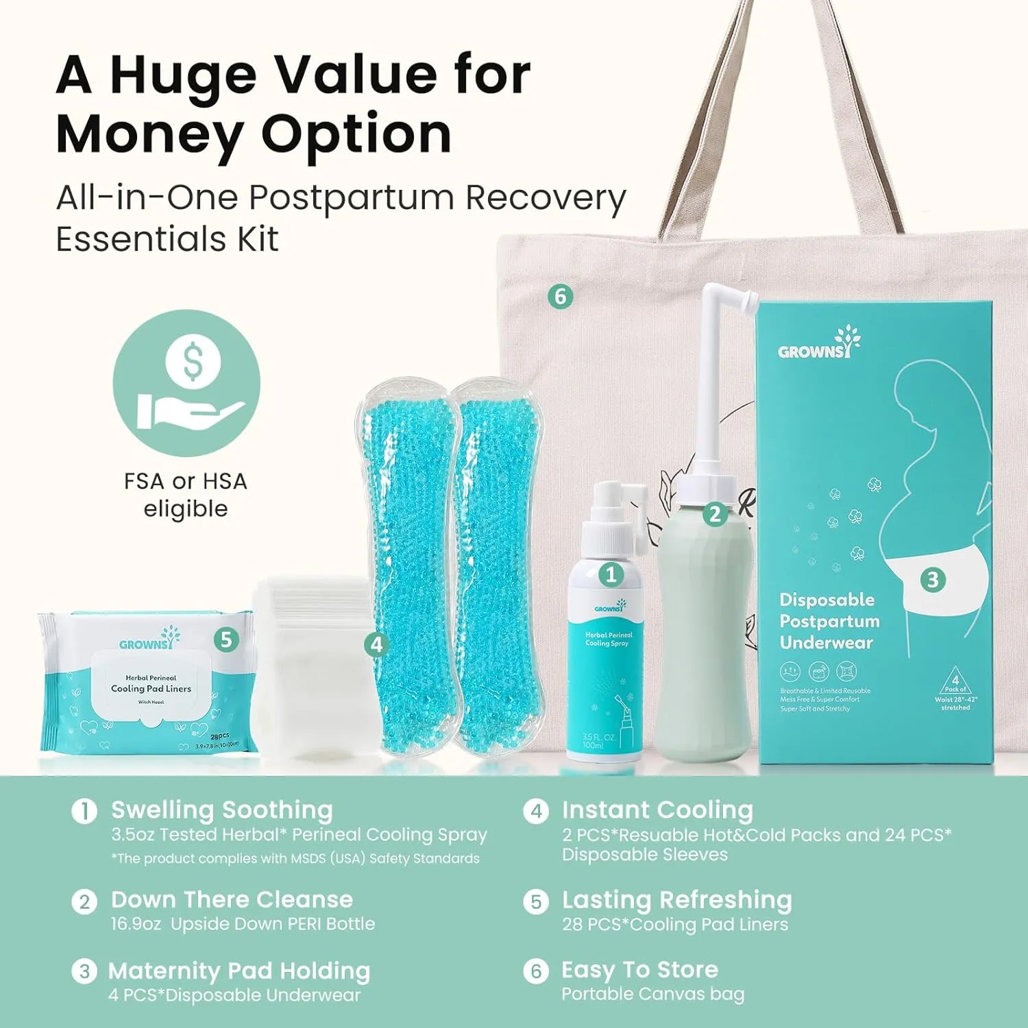 Grownsy Postpartum Essentials Recovery Kit for Labor & Delivery | Postpartum Kit for Women | Includes Upside Down Peri Bottle, Perineal Spray, Cooling Pad Liners, Ice Packs & Disposable Underwear