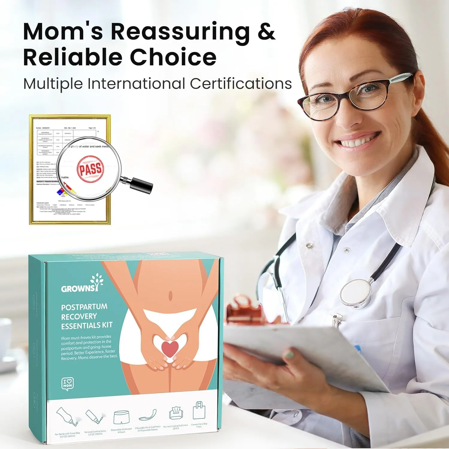 Grownsy Postpartum Essentials Recovery Kit for Labor & Delivery | Postpartum Kit for Women | Includes Upside Down Peri Bottle, Perineal Spray, Cooling Pad Liners, Ice Packs & Disposable Underwear