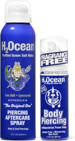 H2Ocean Patented Piercing Aftercare Spray Sea Salt Saline 4oz   Body Piercing Foam Soap Sea Salt Piercing Aftercare 1.7oz