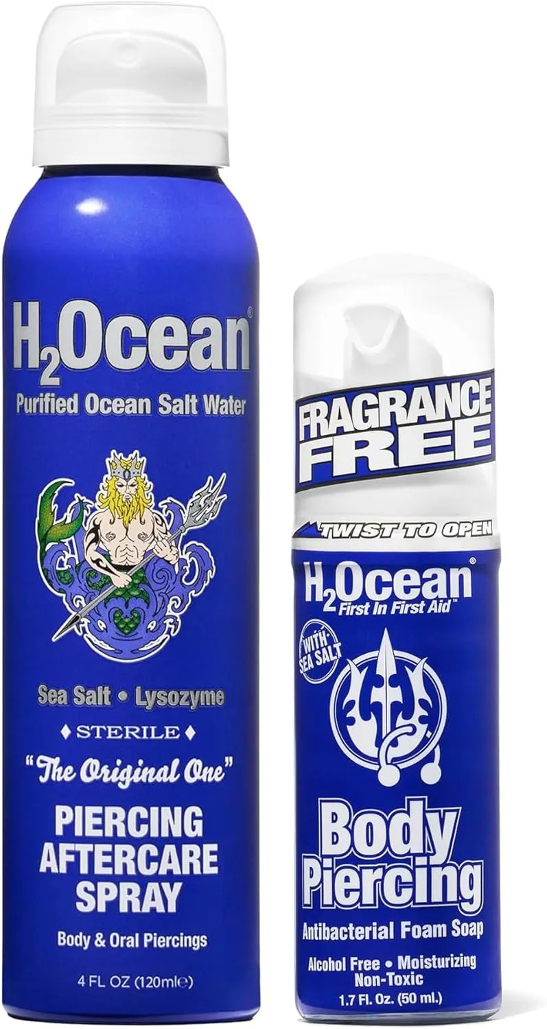 H2Ocean Patented Piercing Aftercare Spray Sea Salt Saline 4oz   Body Piercing Foam Soap Sea Salt Piercing Aftercare 1.7oz