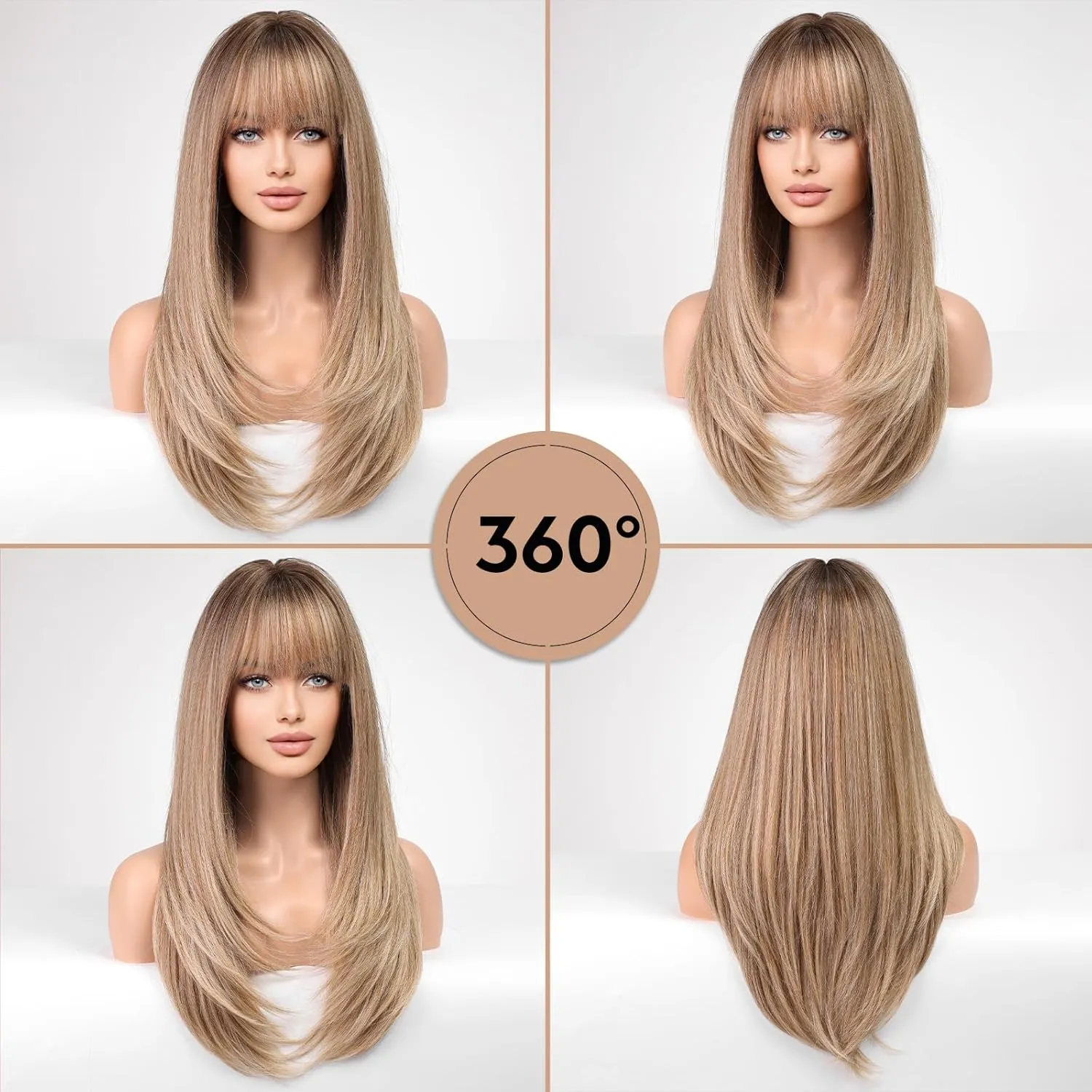 HAIRCUBE Long Ash Blonde Wigs for Women Straight Synthetic Layered Wig with Bangs and Dark Roots