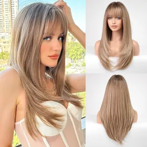 HAIRCUBE Long Ash Blonde Wigs for Women Straight Synthetic Layered Wig with Bangs and Dark Roots