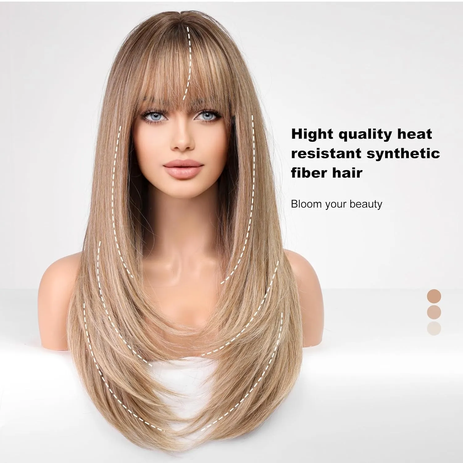 HAIRCUBE Long Ash Blonde Wigs for Women Straight Synthetic Layered Wig with Bangs and Dark Roots