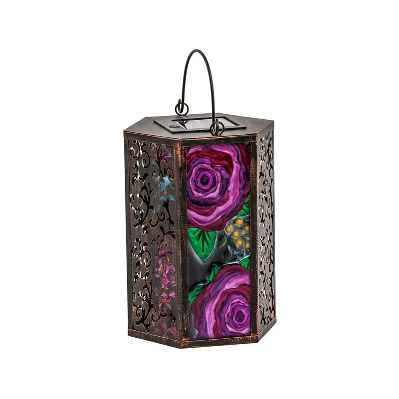 Handpainted Embossed Glass and Metal Solar Lantern, Cabbage Rose,5.91"x5.31"x8.27"inches