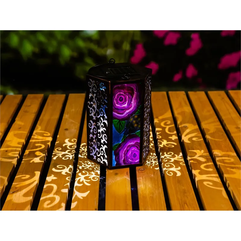 Handpainted Embossed Glass and Metal Solar Lantern, Cabbage Rose,5.91"x5.31"x8.27"inches