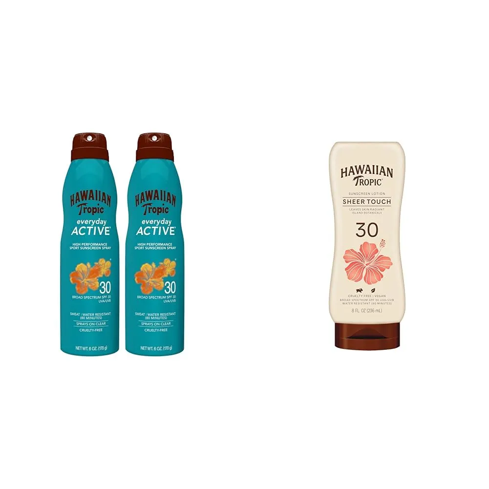 Hawaiian Tropic Everyday Active Clear Spray Sunscreen SPF 30 Twin Pack & Sheer Touch Ultra Radiance Lotion Sunscreen SPF 30