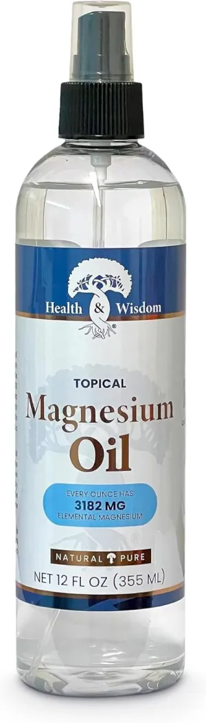 Health and Wisdom Topical Magnesium Oil Spray - USP Grade, Less Sting, Pure Transdermal Magnesium Chloride Oil, Extra Strength, Massage Oil for Feet Soak & Bath, High Absorption - 12 Fl Oz