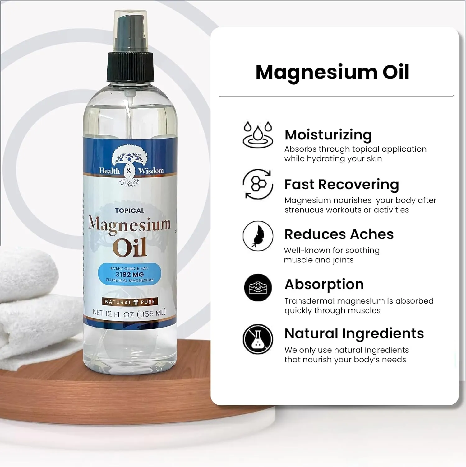 Health and Wisdom Topical Magnesium Oil Spray - USP Grade, Less Sting, Pure Transdermal Magnesium Chloride Oil, Extra Strength, Massage Oil for Feet Soak & Bath, High Absorption - 12 Fl Oz