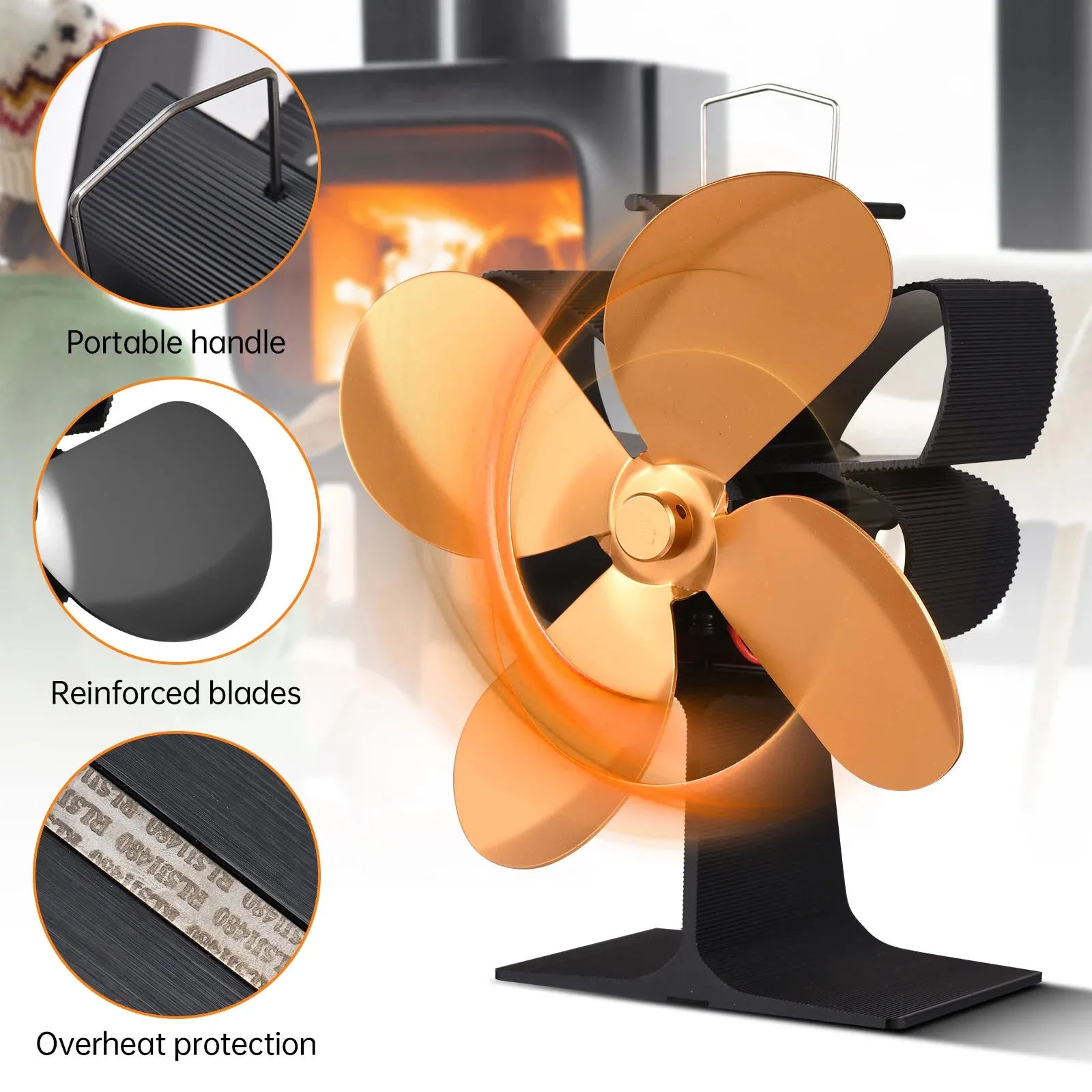 Heat Powered Stove Fan with 4 Blades and Overheating Protection