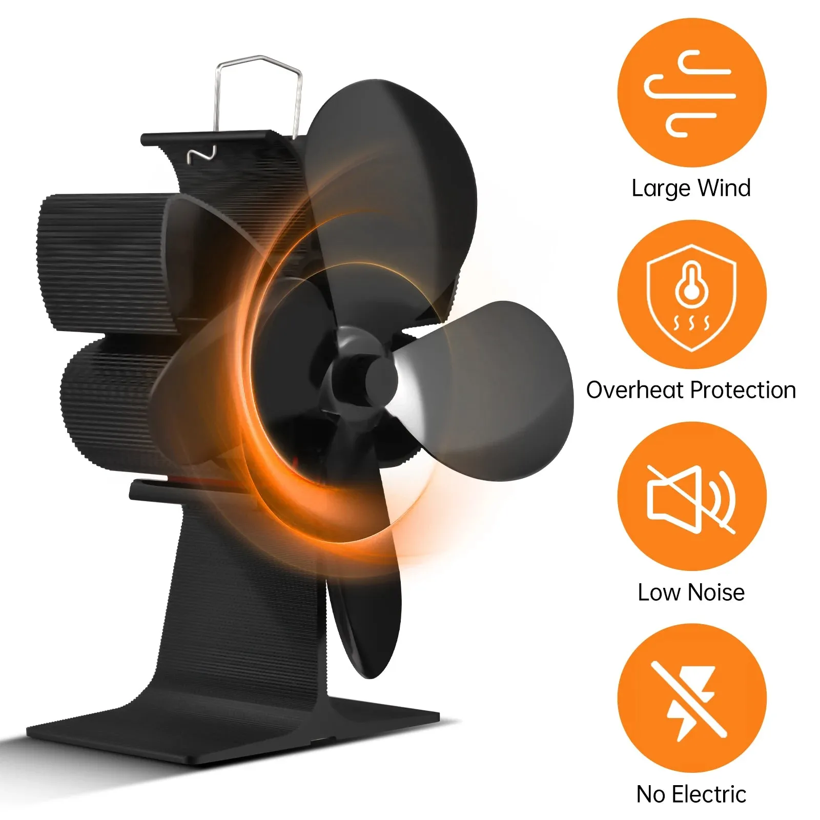 Heat Powered Stove Fan with 4 Blades and Overheating Protection