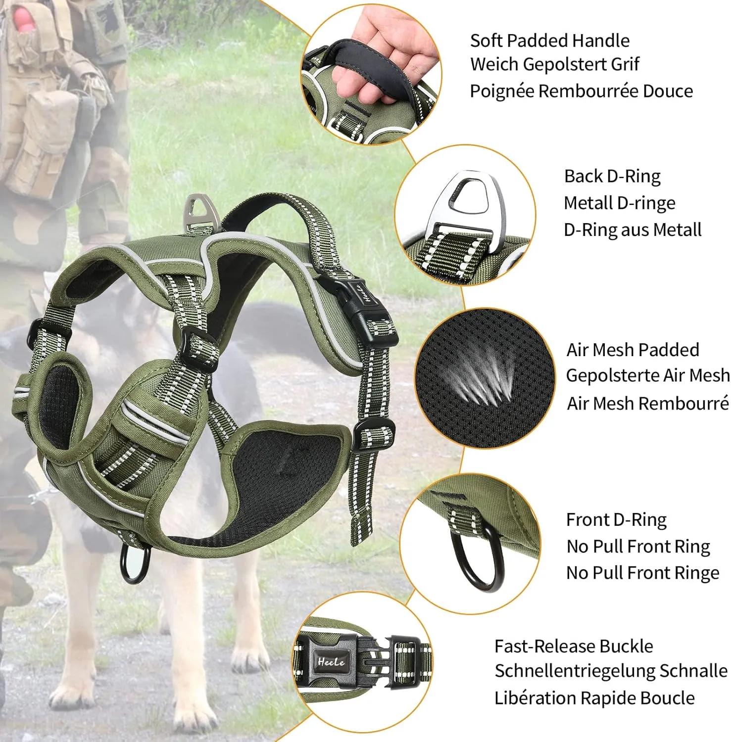 HEELE Dog Harness, Dog Harness for Small Medium Large Dogs No Pull Adjustable Padded Reflective Harness with Handle for Walking Training, Green, L