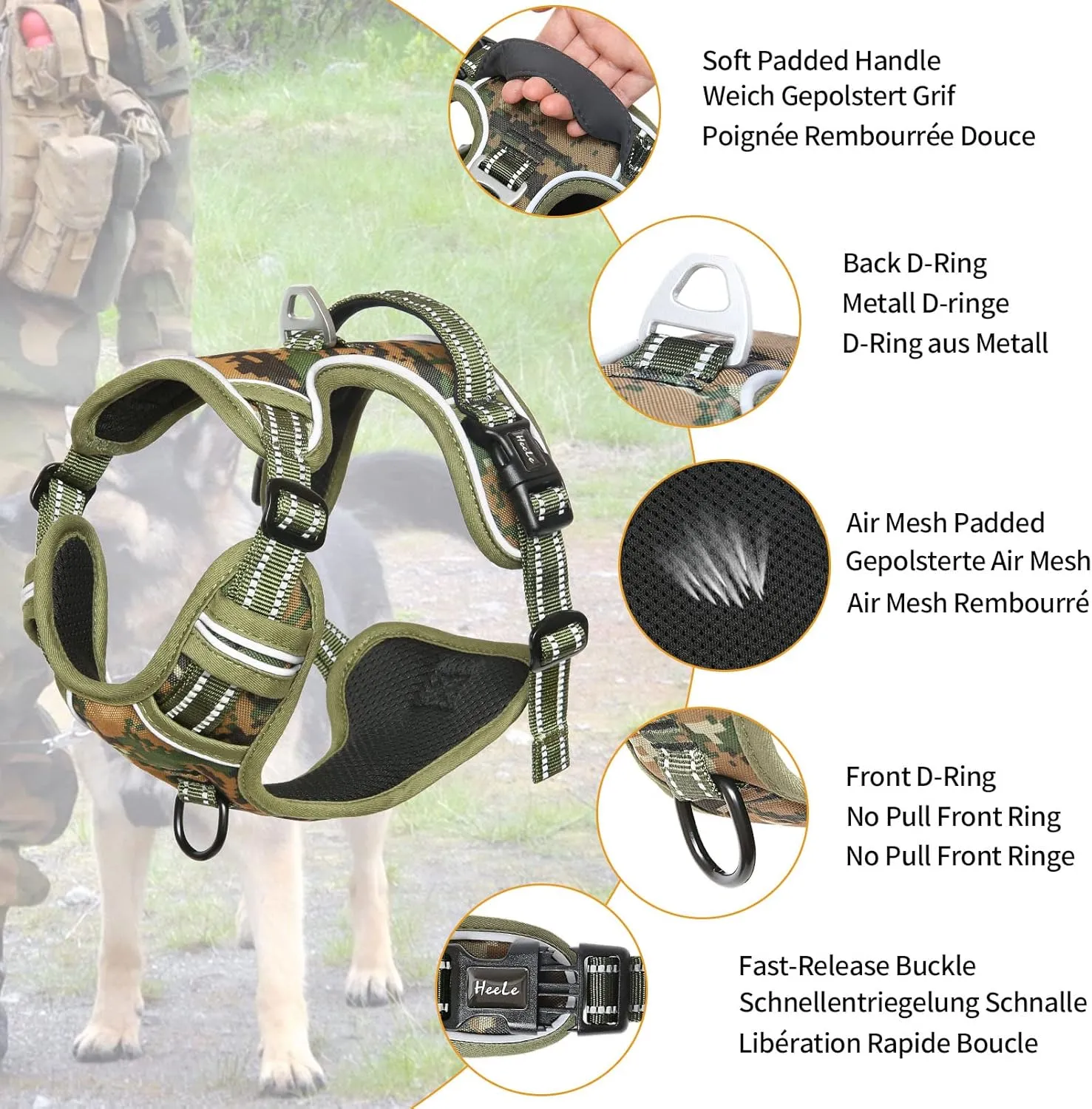 HEELE Dog Harness, No Pull Adjustable Padded Reflective Harness for Small Medium Large Dogs with Handle for Walking Training, Camo Green, M
