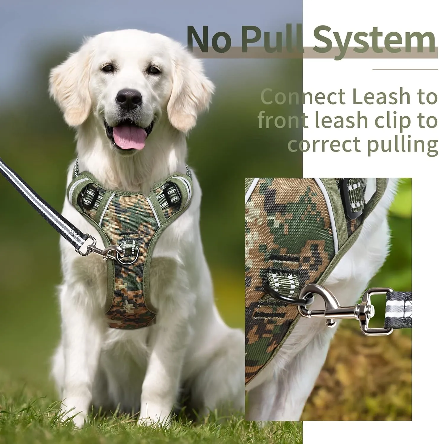HEELE Dog Harness, No Pull Adjustable Padded Reflective Harness for Small Medium Large Dogs with Handle for Walking Training, Camo Green, M