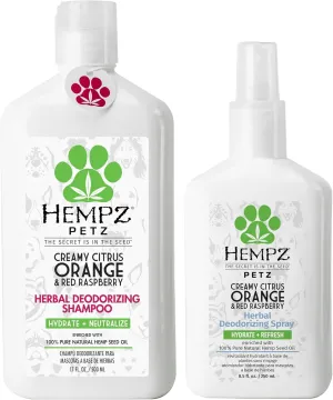 Hempz Petz Creamy Citrus Orange & Red Raspberry, Dog Cologne, 8.5 fl. oz Petz Creamy Citrus Orange & Red Raspberry, Dog Shampoo & Conditioner 2 in 1 Herbal Shampoo & Conditioner 17 oz.