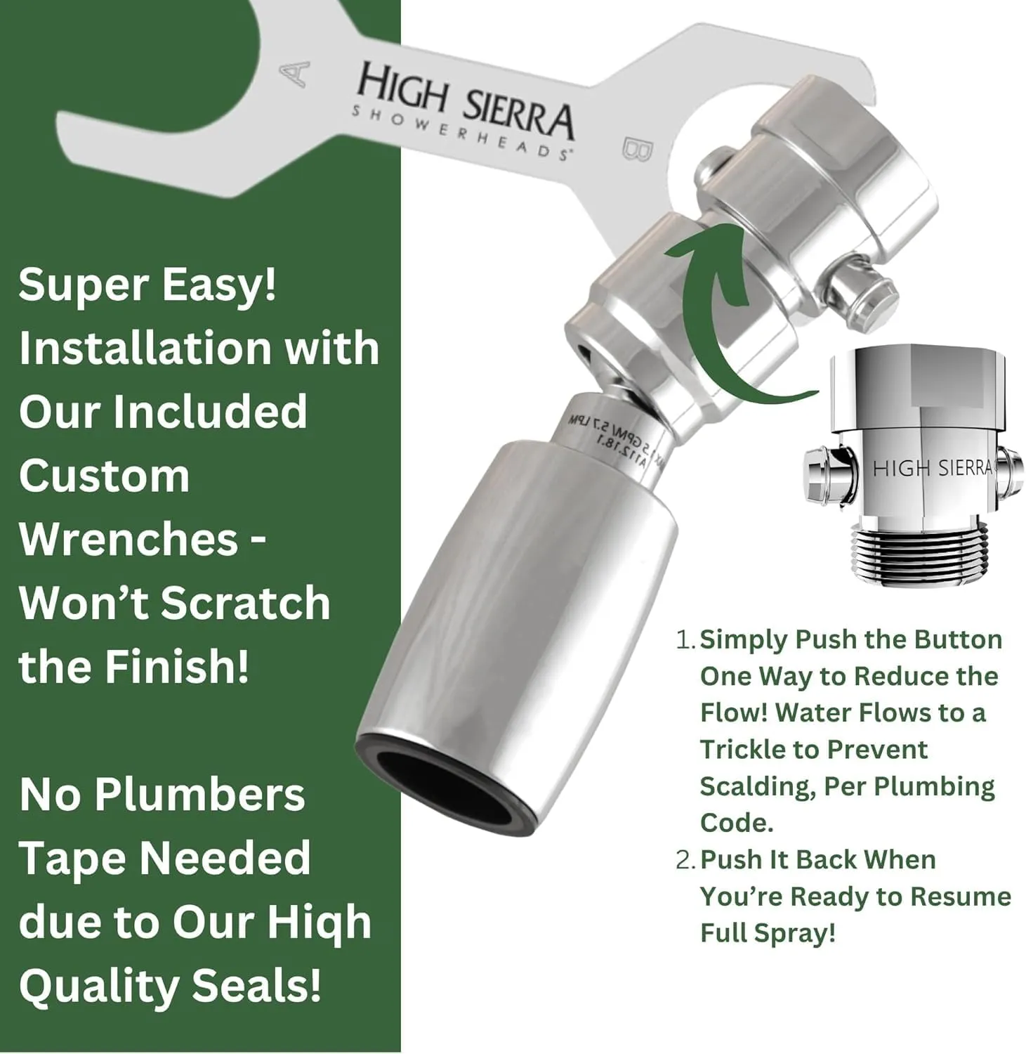 High Sierra Showerheads® - Solid Metal 2.0 GPM High-Flow Shower Head with Pressure Control Valve that Shuts It Off to Just a Trickle - Brushed Nickel
