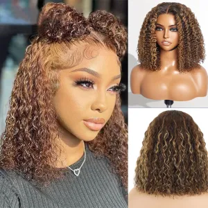Highlight Blonde Wear and Go Glueless Water Wave Bob Wig Human Hair Pre Plucked 180% Density 4/27 Water Wave No Glue,Pre cut Transparent Lace Front Natural Hairline 12 Inch