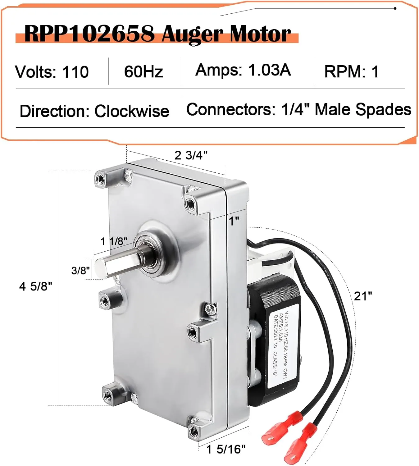 Hiorucet RPP102658 Auger Motor Replacement for Austroflamm Integra, Wega Pellet Stove Parts, 1RPM Clockwise Auger Feed Motor for Austroflamm Pellet Stoves.