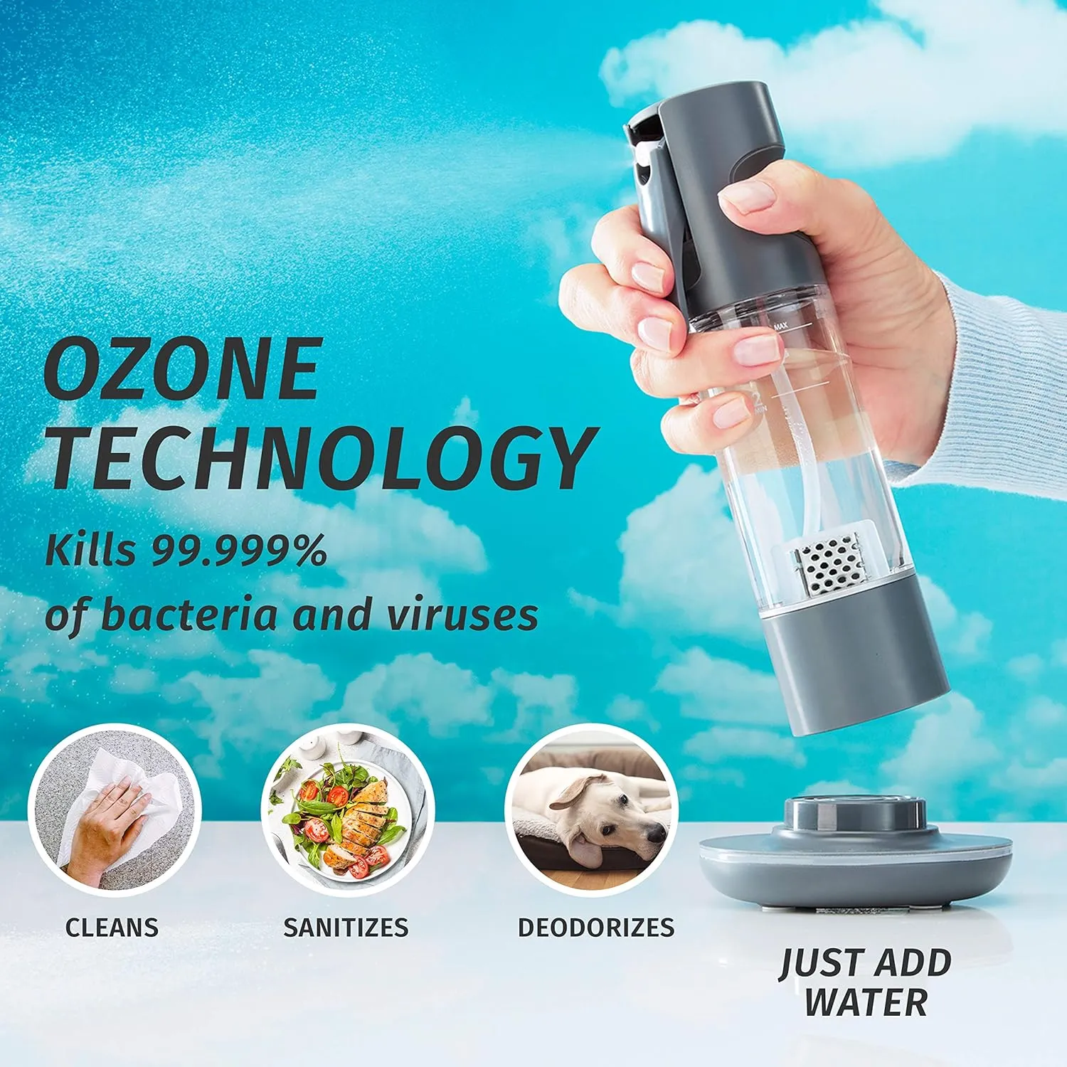 Homedics Ozone Clean 3-in-1 Multipurpose Cleaner – Chemical-Free Surface Disinfectant Spray, Super Strong Sanitizer and Deodorizer for Home Counters, Appliances and Toys, Reusable Bottle, Black