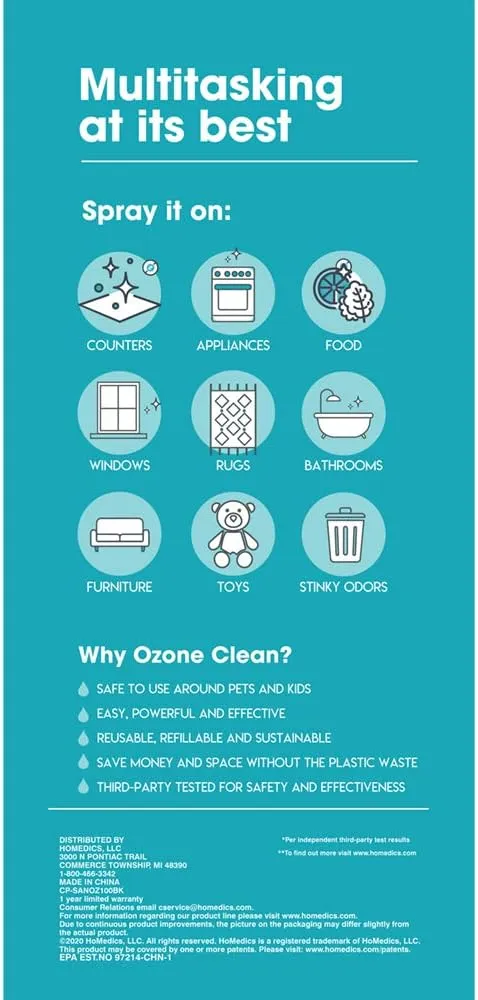 Homedics Ozone Clean 3-in-1 Multipurpose Cleaner – Chemical-Free Surface Disinfectant Spray, Super Strong Sanitizer and Deodorizer for Home Counters, Appliances and Toys, Reusable Bottle, Black