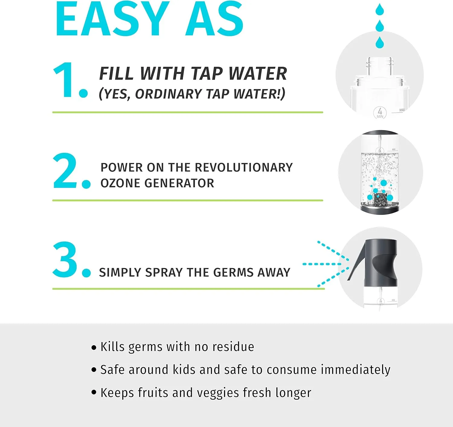Homedics Ozone Clean 3-in-1 Multipurpose Cleaner – Chemical-Free Surface Disinfectant Spray, Super Strong Sanitizer and Deodorizer for Home Counters, Appliances and Toys, Reusable Bottle, Black