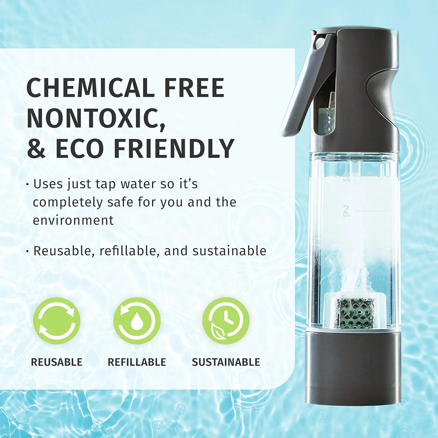 Homedics Ozone Clean 3-in-1 Multipurpose Cleaner – Chemical-Free Surface Disinfectant Spray, Super Strong Sanitizer and Deodorizer for Home Counters, Appliances and Toys, Reusable Bottle, Black