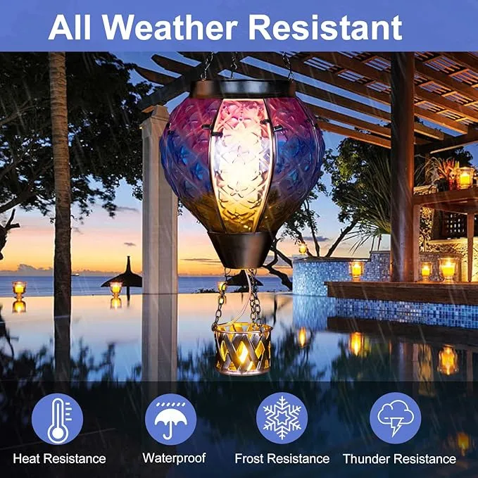 Hot Air Balloon Solar Lantern with Candle Holder,Glass Hanging Solar Lantern with Flickering Flame,Solar Lanterns Outdoor Waterproof for Lawn Patio Porch Tree Decor