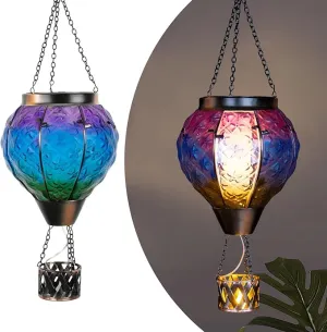 Hot Air Balloon Solar Lantern with Candle Holder,Glass Hanging Solar Lantern with Flickering Flame,Solar Lanterns Outdoor Waterproof for Lawn Patio Porch Tree Decor