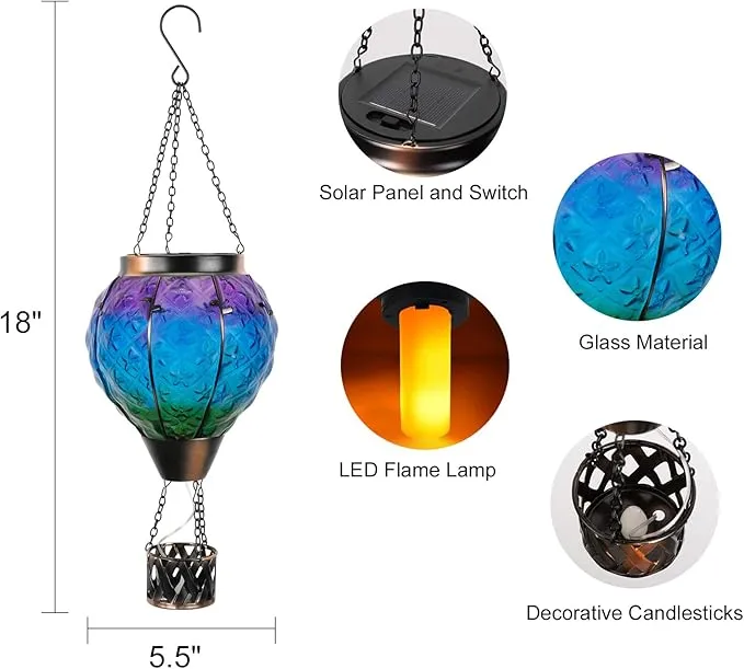 Hot Air Balloon Solar Lantern with Candle Holder,Glass Hanging Solar Lantern with Flickering Flame,Solar Lanterns Outdoor Waterproof for Lawn Patio Porch Tree Decor