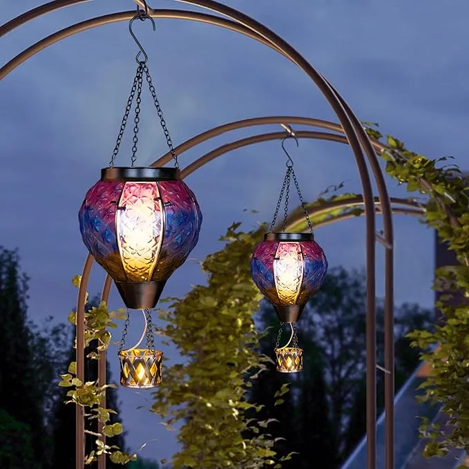Hot Air Balloon Solar Lantern with Candle Holder,Glass Hanging Solar Lantern with Flickering Flame,Solar Lanterns Outdoor Waterproof for Lawn Patio Porch Tree Decor