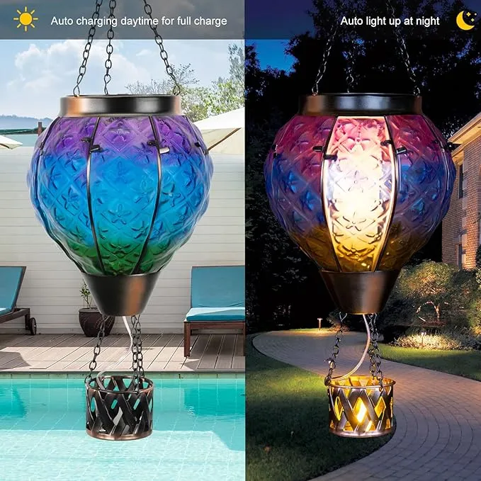 Hot Air Balloon Solar Lantern with Candle Holder,Glass Hanging Solar Lantern with Flickering Flame,Solar Lanterns Outdoor Waterproof for Lawn Patio Porch Tree Decor