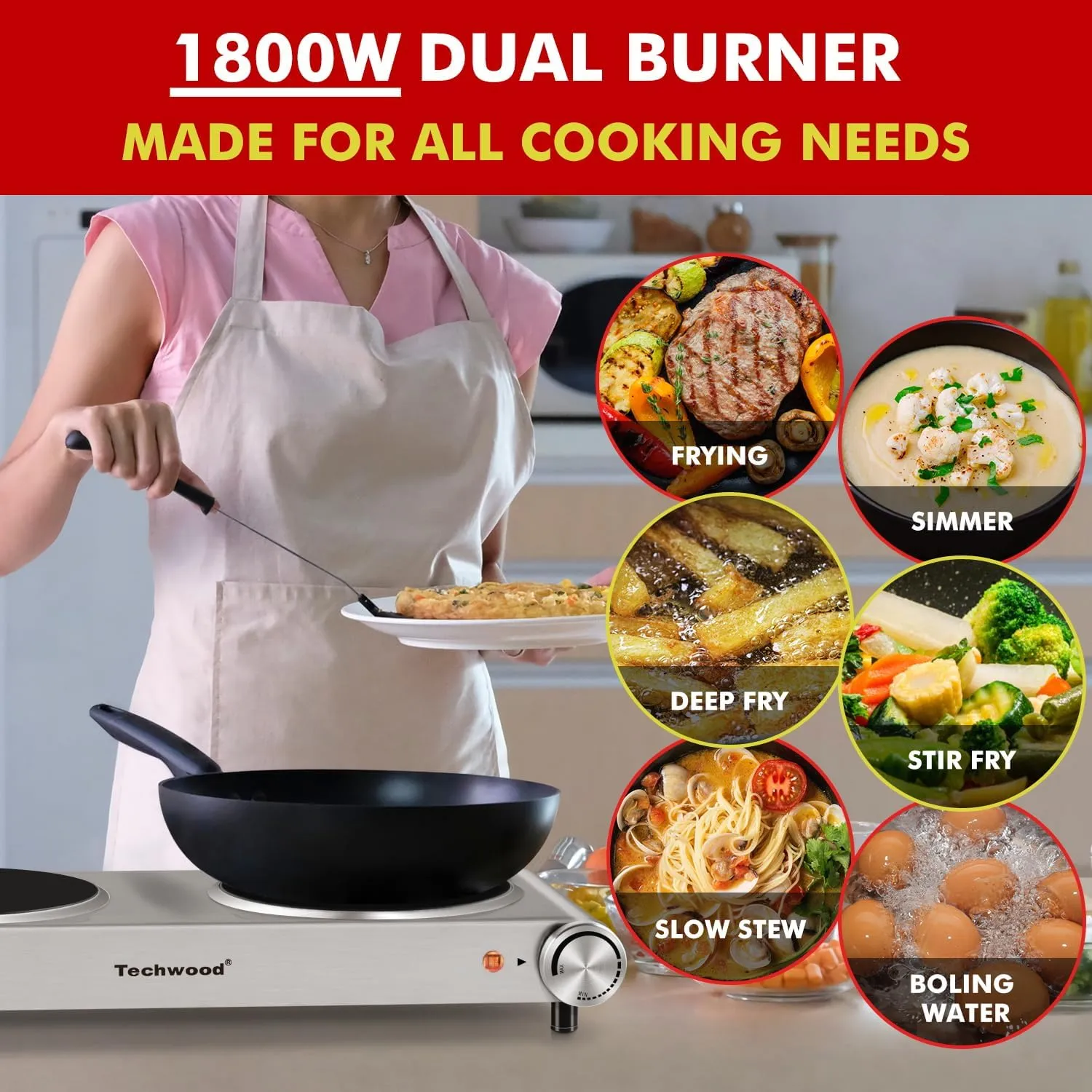 Hot Plate, Techwood Electric Stove Countertop Double Burners for Cooking Infrared Ceramic 1800W Dual Cooktops With Adjustable Temperature Control Brushed Stainless Steel Easy To Clean Upgraded Version
