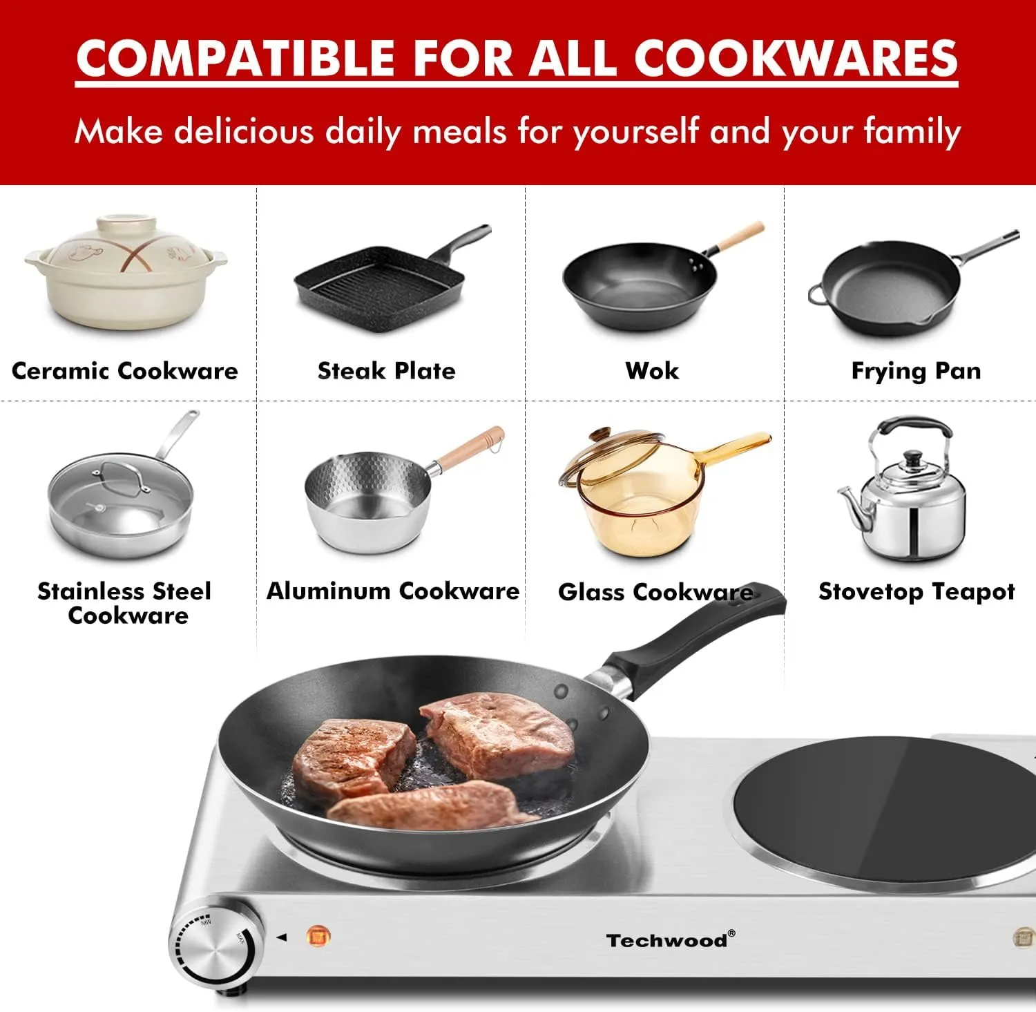 Hot Plate, Techwood Electric Stove Countertop Double Burners for Cooking Infrared Ceramic 1800W Dual Cooktops With Adjustable Temperature Control Brushed Stainless Steel Easy To Clean Upgraded Version