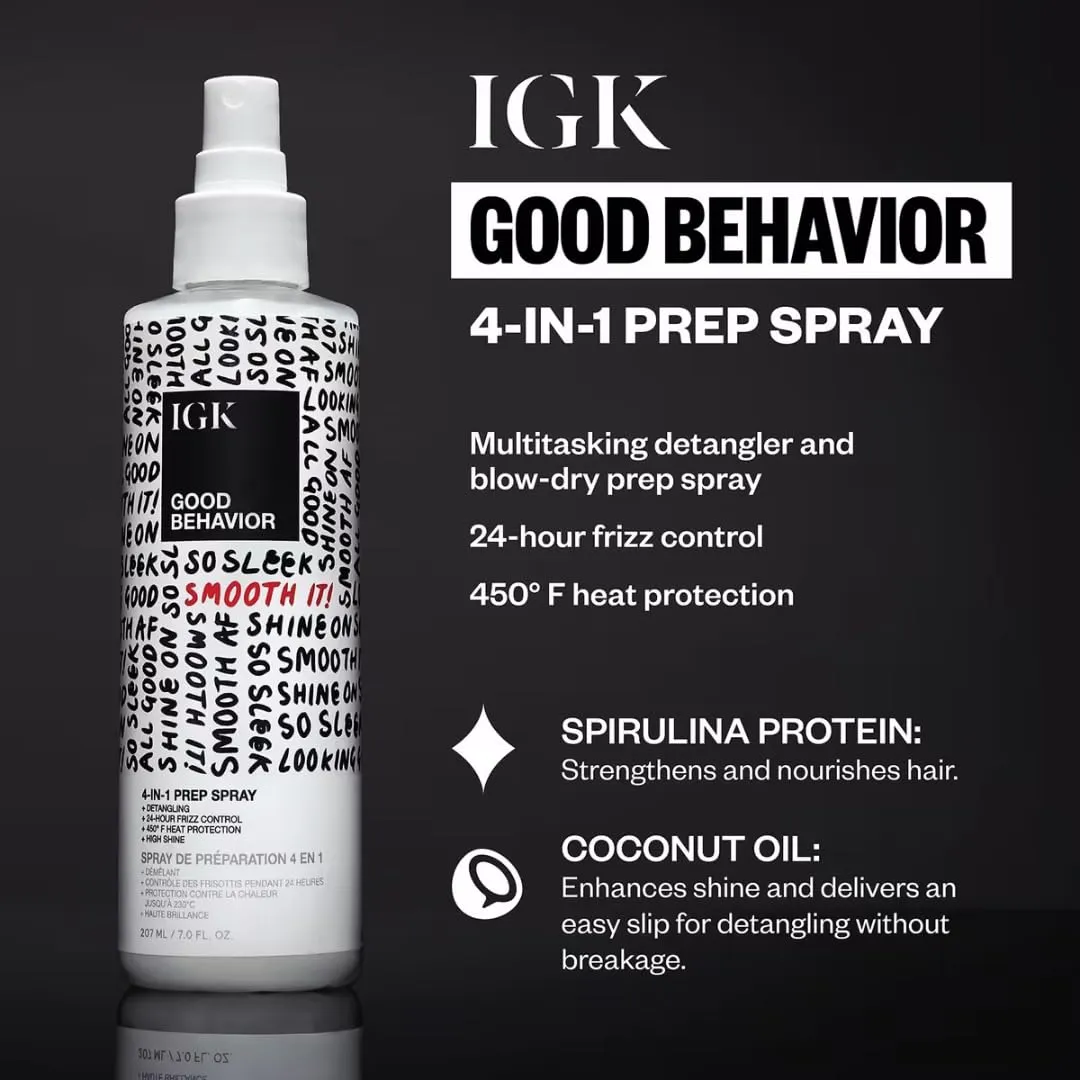 IGK GOOD BEHAVIOR 4-in-1 Prep Spray | Leave In   Detangle   Heat Protectant | Vegan   Cruelty Free |