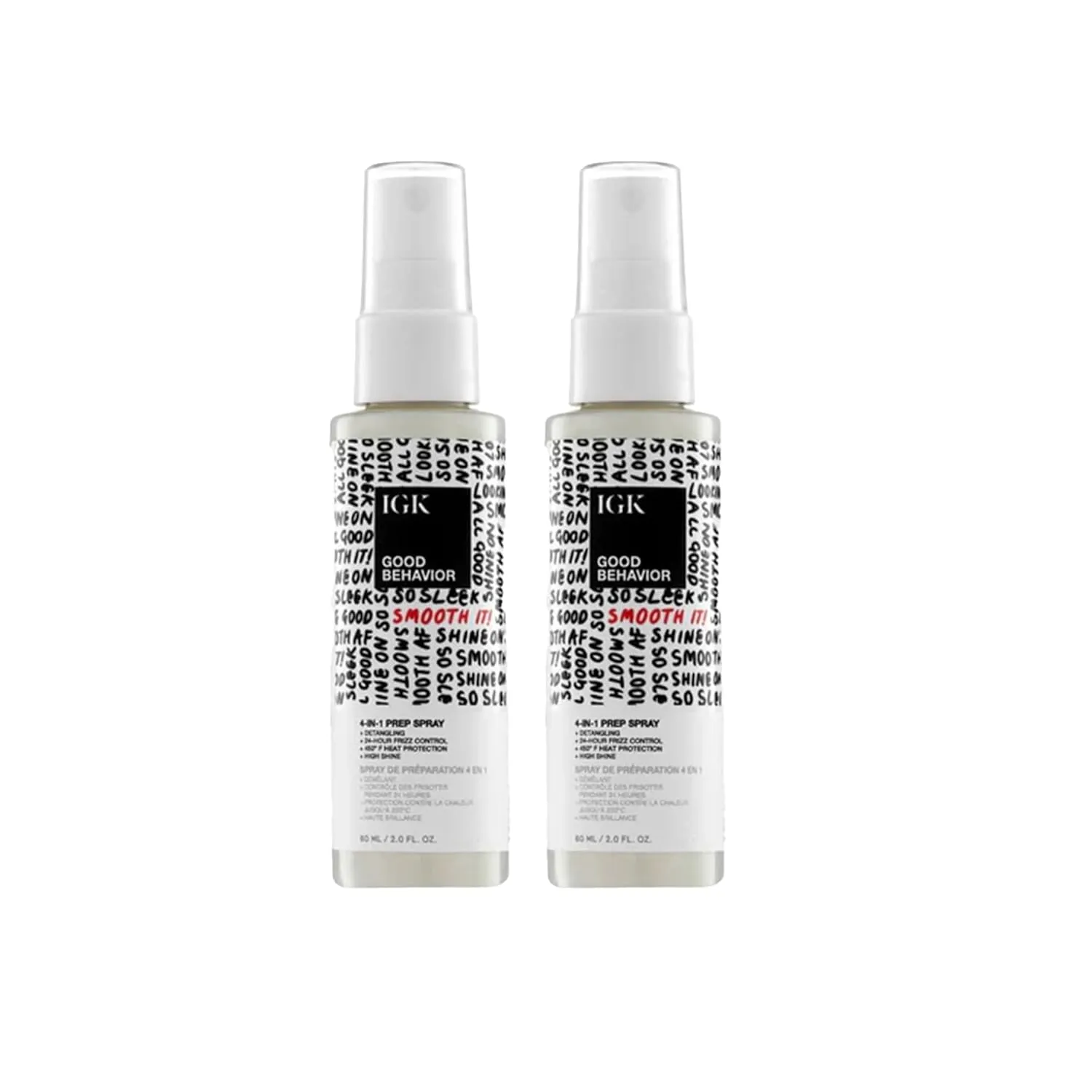 IGK GOOD BEHAVIOR 4-in-1 Prep Spray Travel Size | Gently Detangles, Controls Frizz for 24 Hours, Heat Protection & Shine | Weightless Formula for Smooth Hair | 2.0 Fl Oz (Pack of 2)