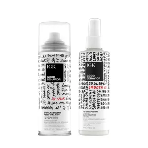 IGK GOOD BEHAVIOR Smoothing Frizz Fighters Set | 4-in-1 Prep Spray   Spirulina Protein Smoothing Spray | Frizz Control   Heat Protectant | Vegan   Cruelty Free