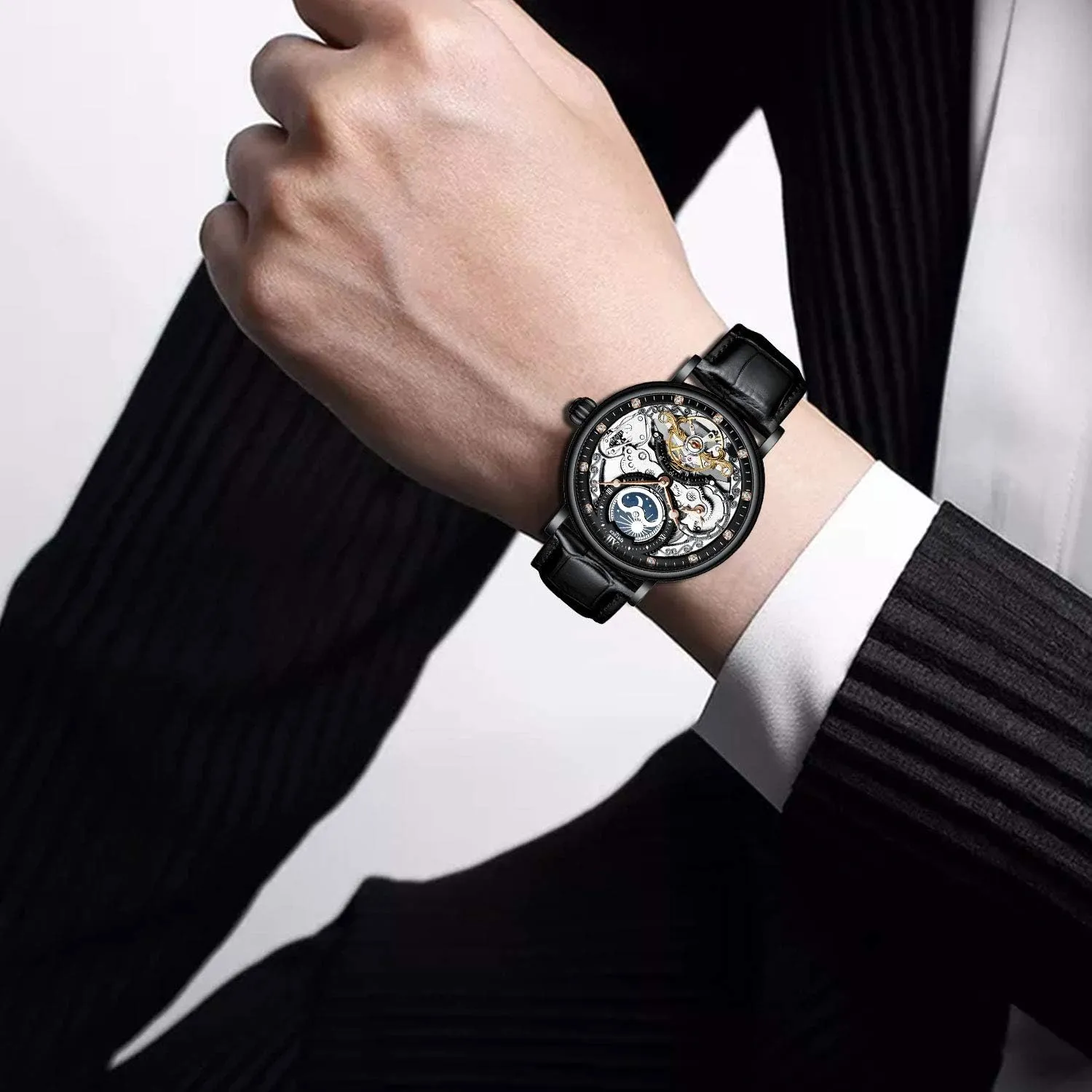 IK COLOURING Bestn Mens Luxury Skeleton Automatic Mechanical Wrist Watches Leather Moon Phrase Luminous Hands Self-Wind Watch