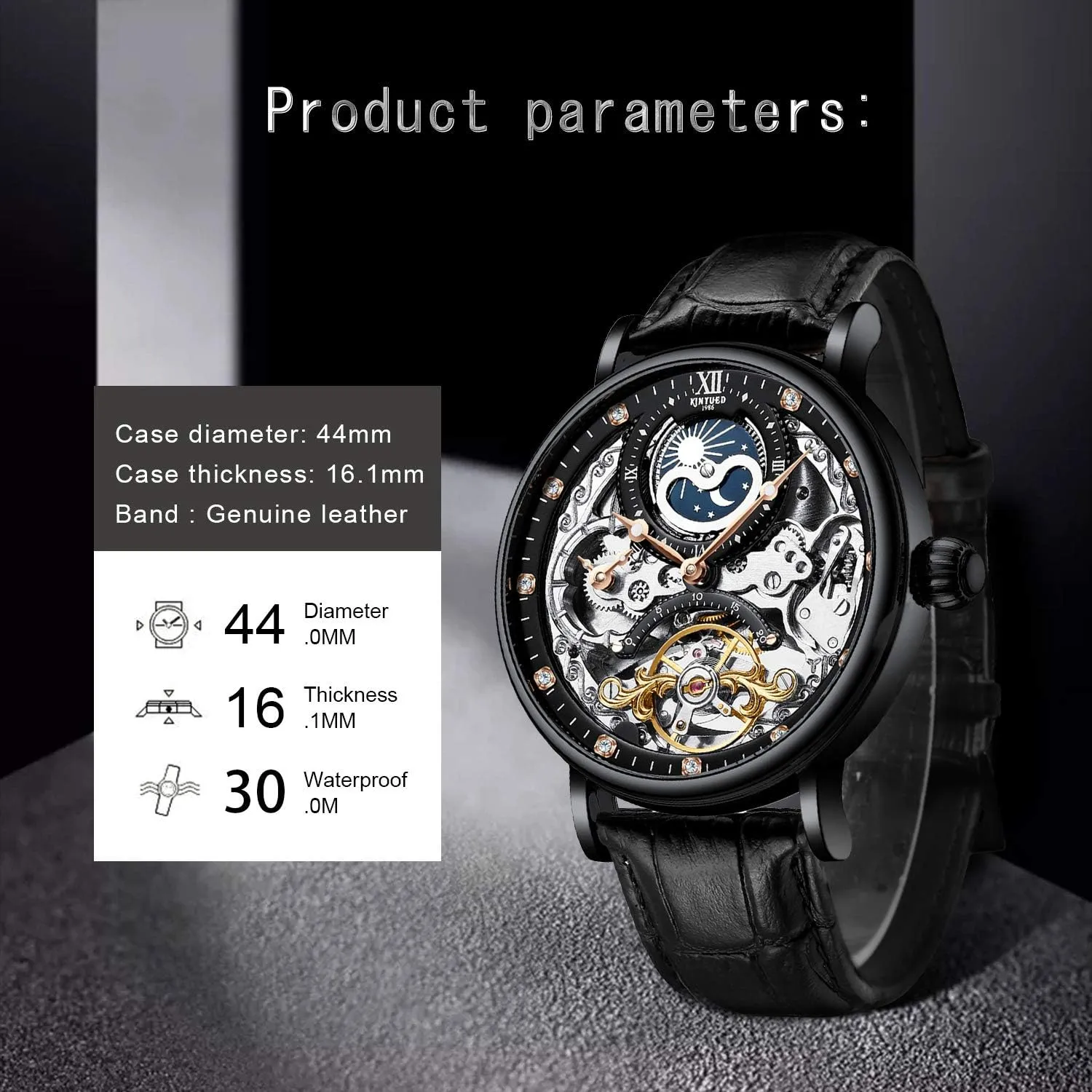IK COLOURING Bestn Mens Luxury Skeleton Automatic Mechanical Wrist Watches Leather Moon Phrase Luminous Hands Self-Wind Watch