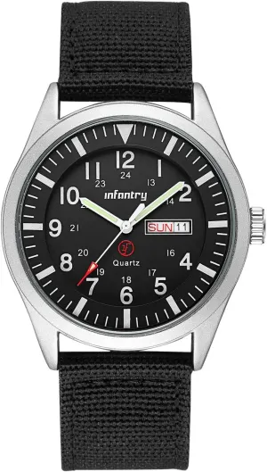 Infantry 5ATM Waterproof Mens Military Tactical Field Watch, Date & Day 12/24Hr Display Watches for Men, Casual Quartz Wristwatch with Nylon Strap