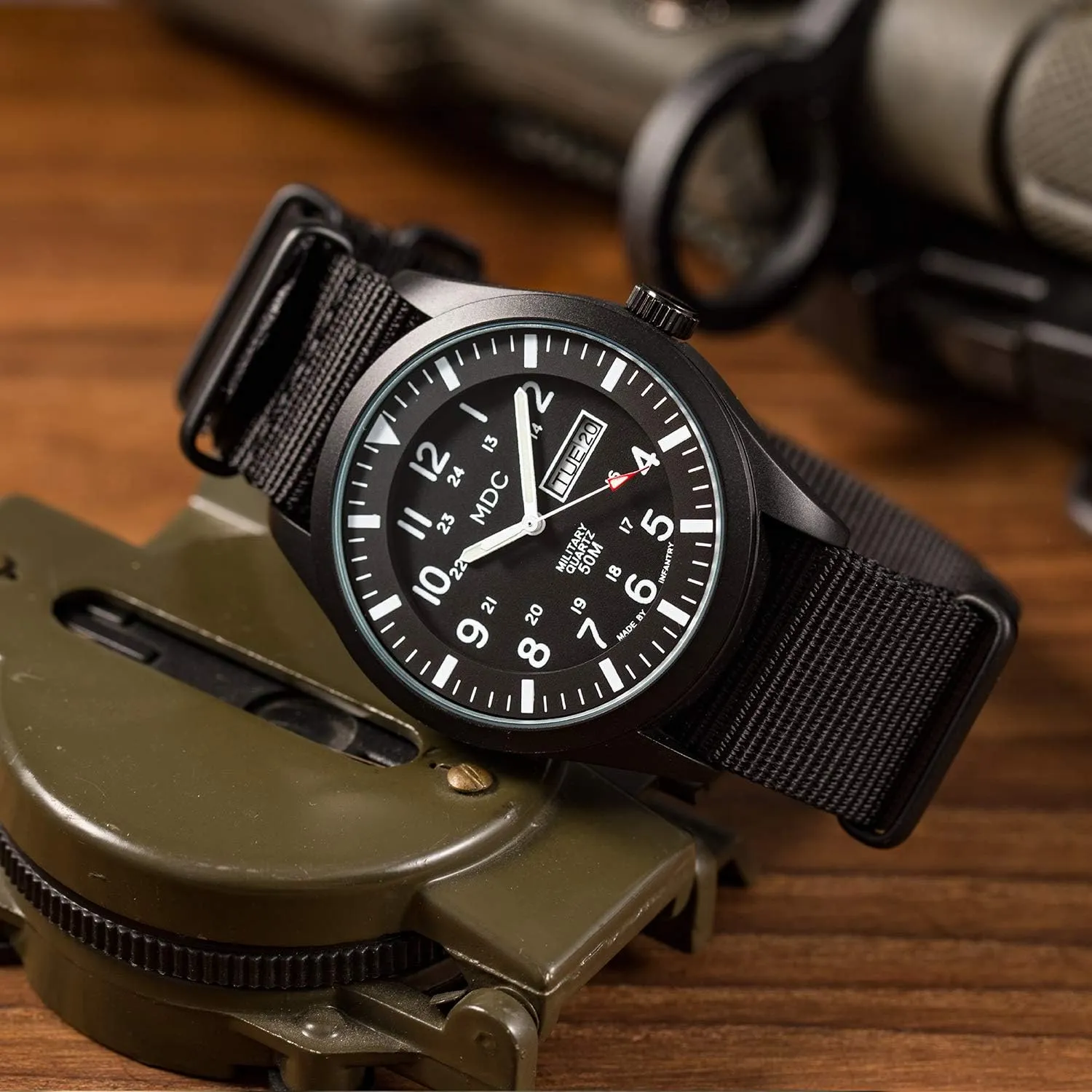Infantry Men's Wrist Watch, Field Military Watches for Men Analog, Black Tactical Outdoor Sport Work Wristwatch, Waterproof Date Day 12/24 Hour with Army Nylon Band