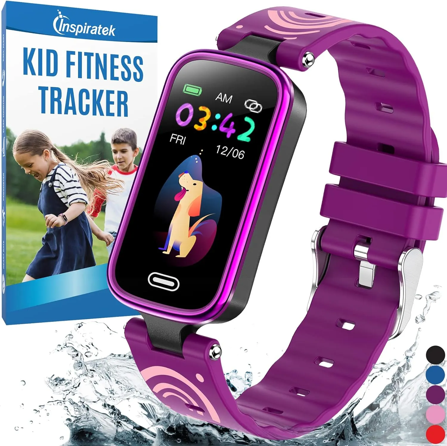 Inspiratek Kids Fitness Tracker for Age 5-16, 2022 Upgraded Kids Watch, Waterproof Pedometer with Sleep Monitor & Calorie Counter, Fitness Watch for Girls & Boys (Purple)