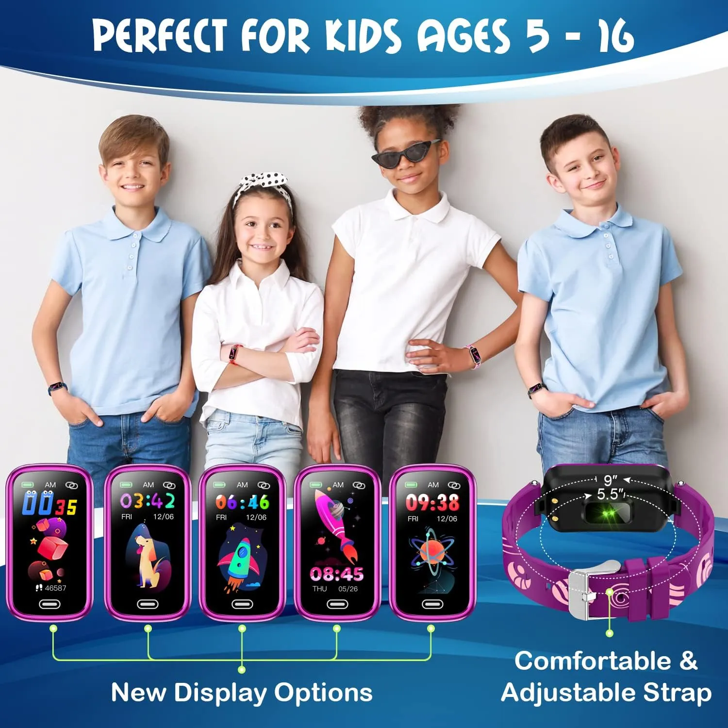 Inspiratek Kids Fitness Tracker for Age 5-16, 2022 Upgraded Kids Watch, Waterproof Pedometer with Sleep Monitor & Calorie Counter, Fitness Watch for Girls & Boys (Purple)